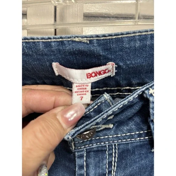 Bongo Skinny Crochet Sequins Med Wash Denim Jeans Size 7 Low Rise Pockets - Picture 3 of 8